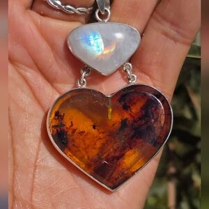 Absolutely amazing artisan amber heart reverse teardrop flashy rainbow moonstone